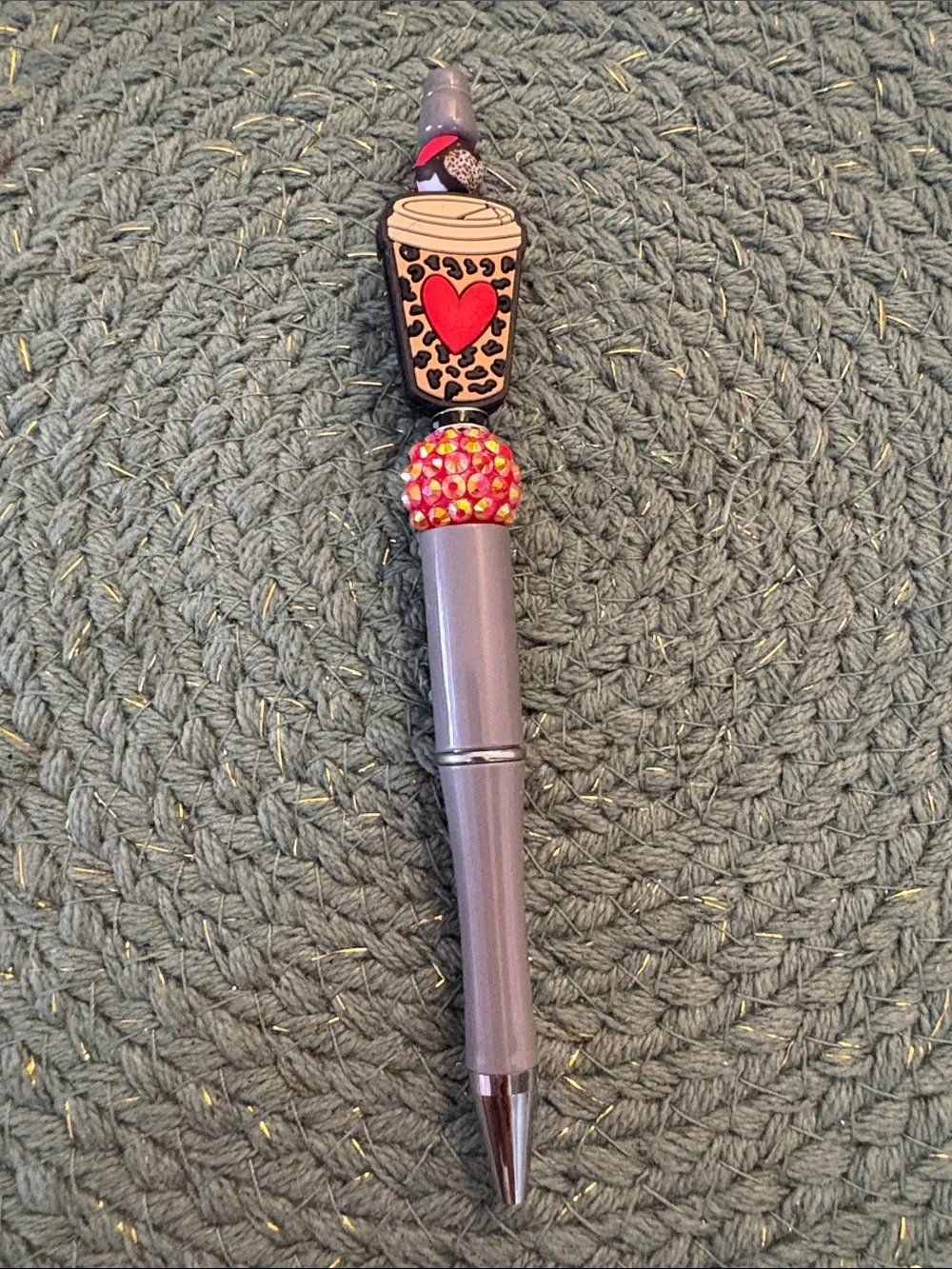 Gray Ballpoint Pen with Pink Jewel Accent and Coffee Cup Charm